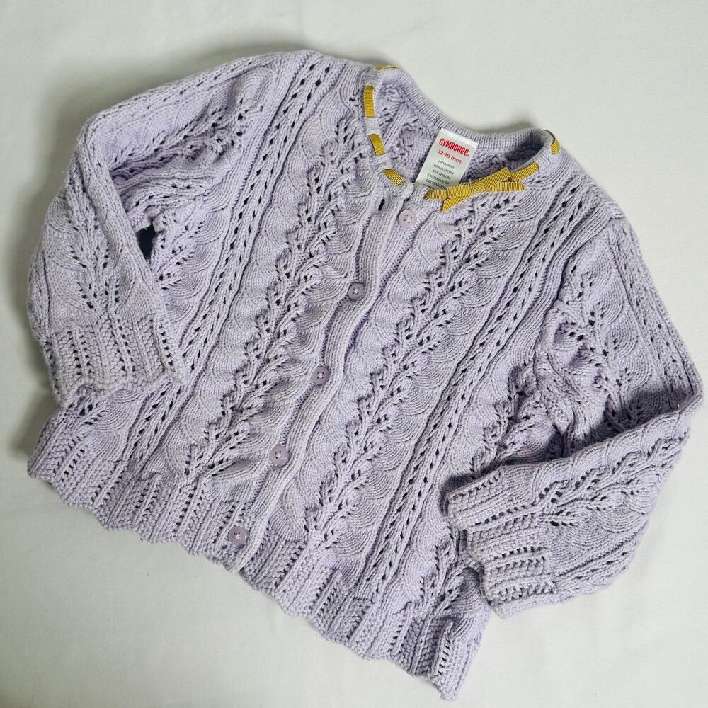Y2k Gymboree Lavender Purple Knit Cardigan w/ Gold Bow Collar Accent Sz 12-18 mo